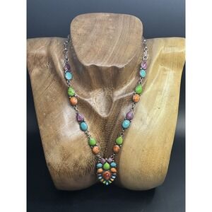 Vintage Authentic Navajo Multicolored Turquoise Sterling Pendant Necklace